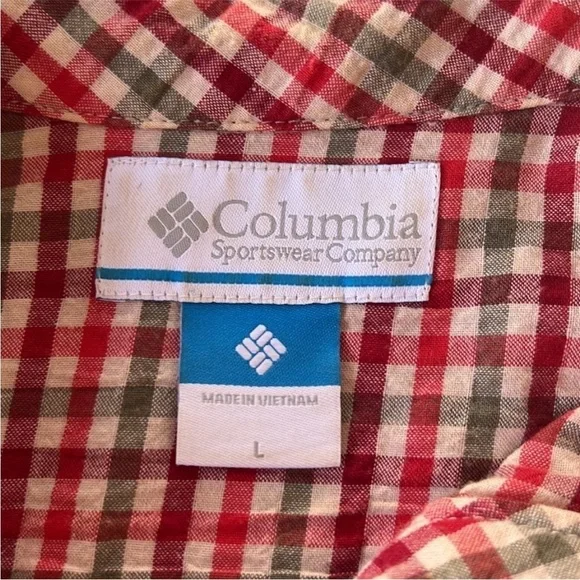 Columbia Plaid Button Down Shirt Crinkle Cotton 3/4 Sleeve L - Picture 7 of 10
